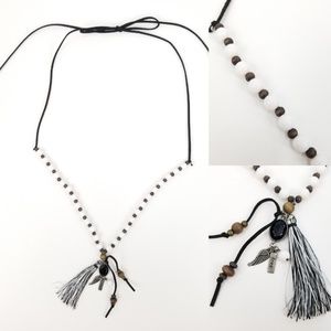 Black Suede Leather Boho Beaded Tassel Adjustable Necklace Wood & Plastic Beads